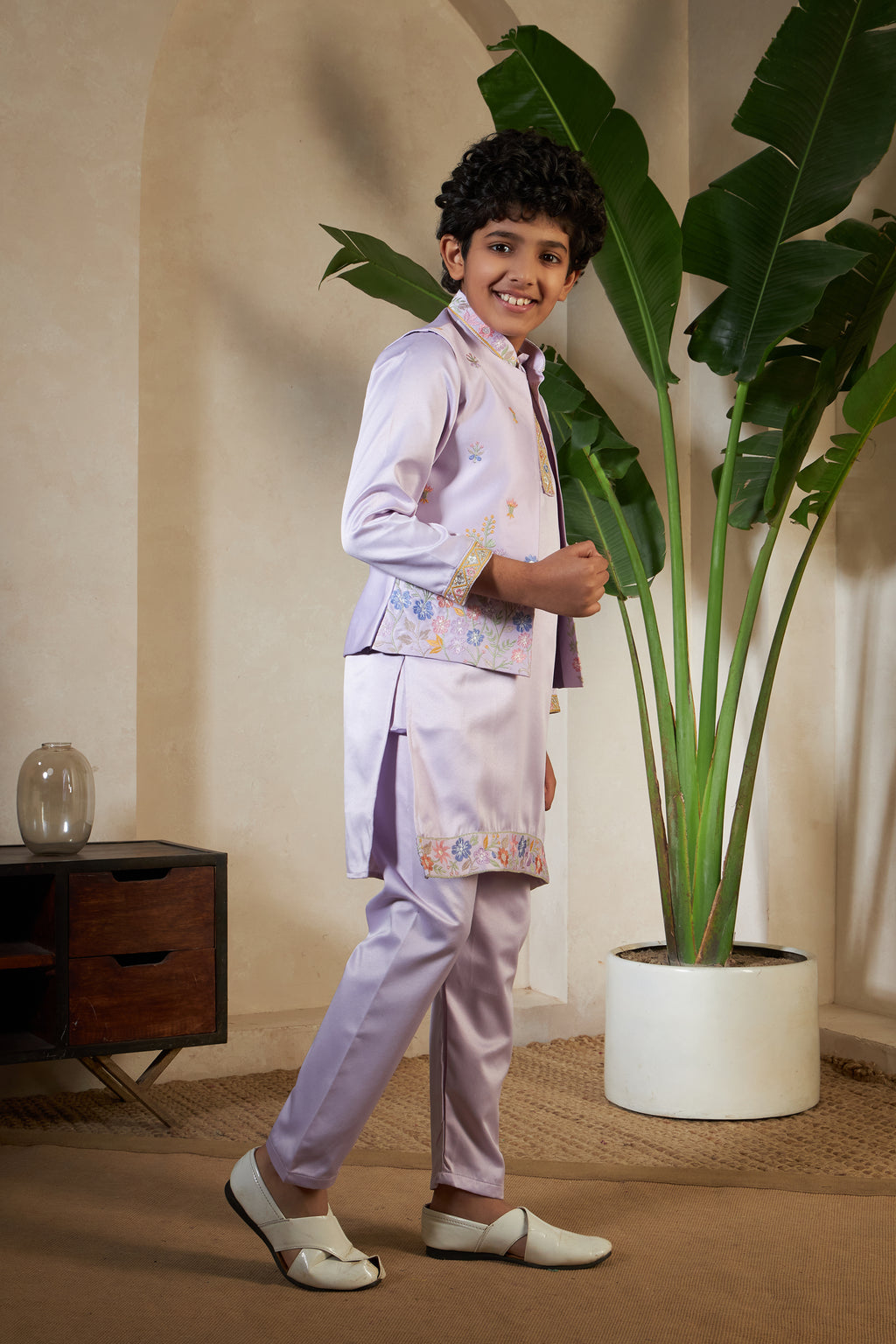 Festival Wear Lavender Kurta Koti Set For Kids
