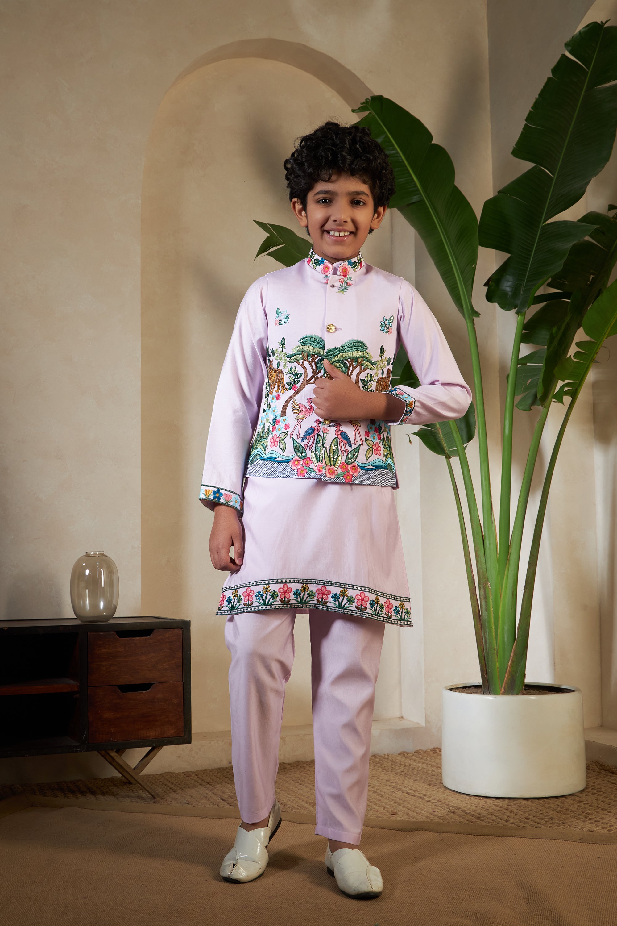 Traditional Lavender Viscose Silk Kurta with Koti for Boys
