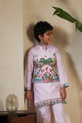 Traditional Lavender Viscose Silk Kurta with Koti for Boys
