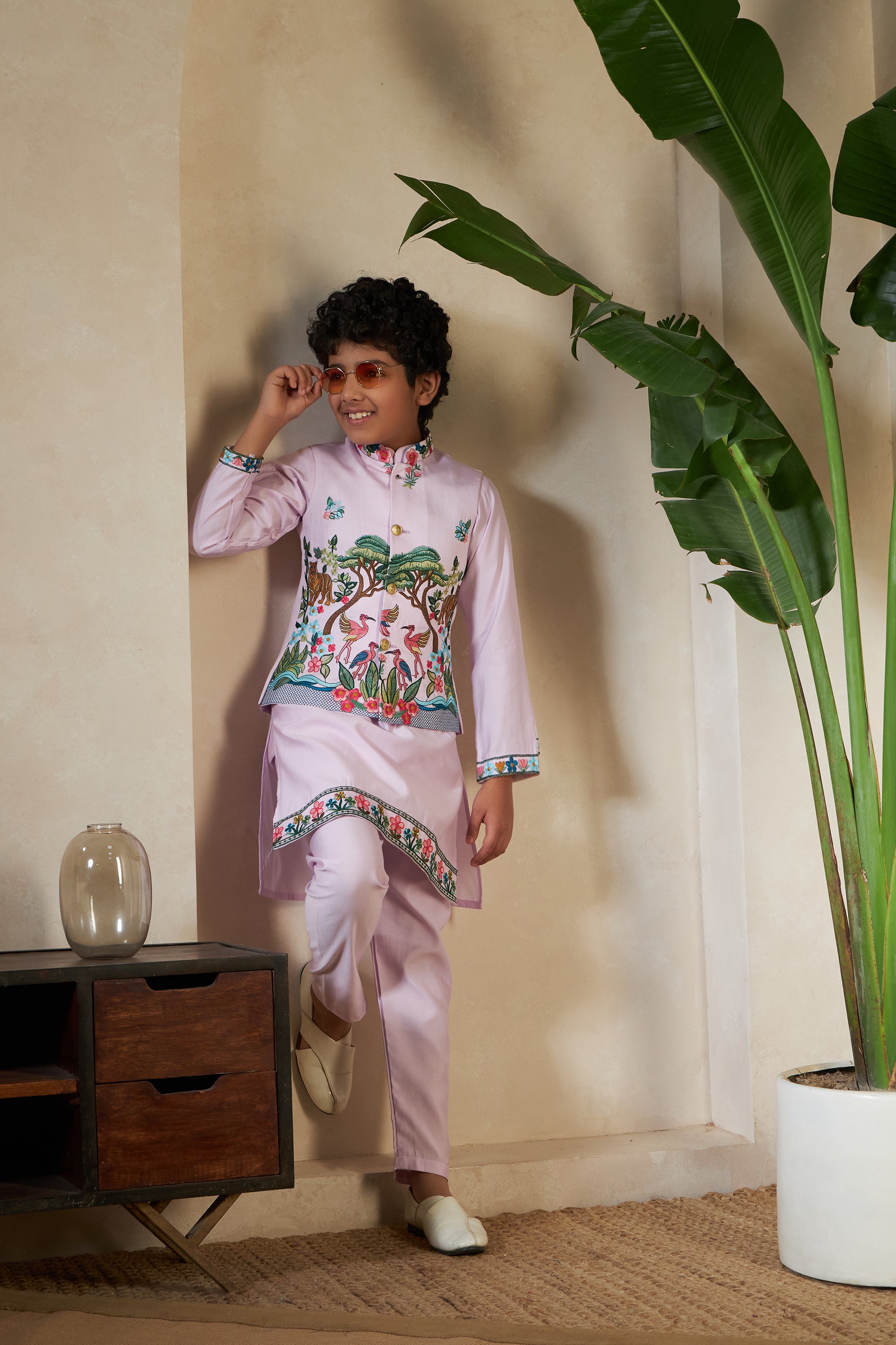 Traditional Lavender Viscose Silk Kurta with Koti for Boys
