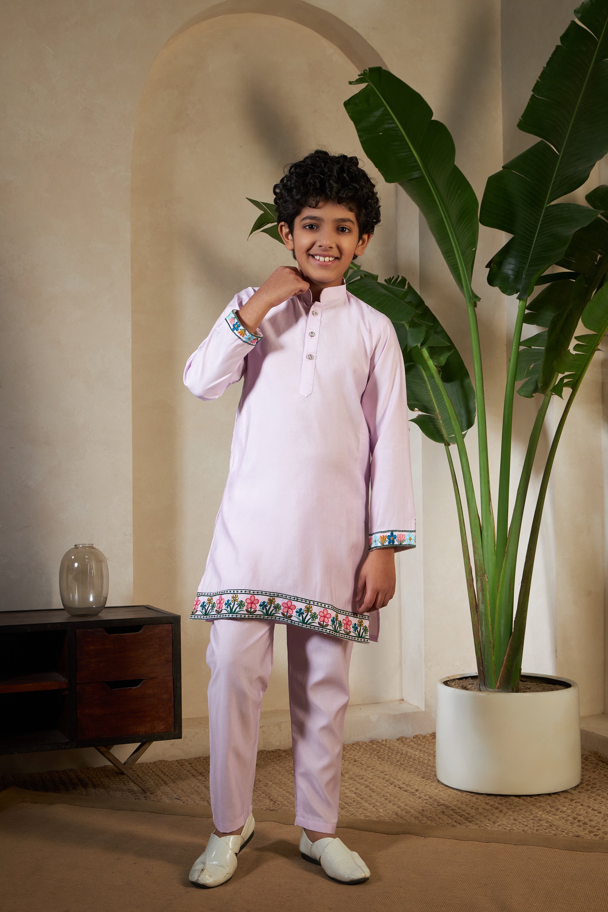 Traditional Lavender Viscose Silk Kurta with Koti for Boys
