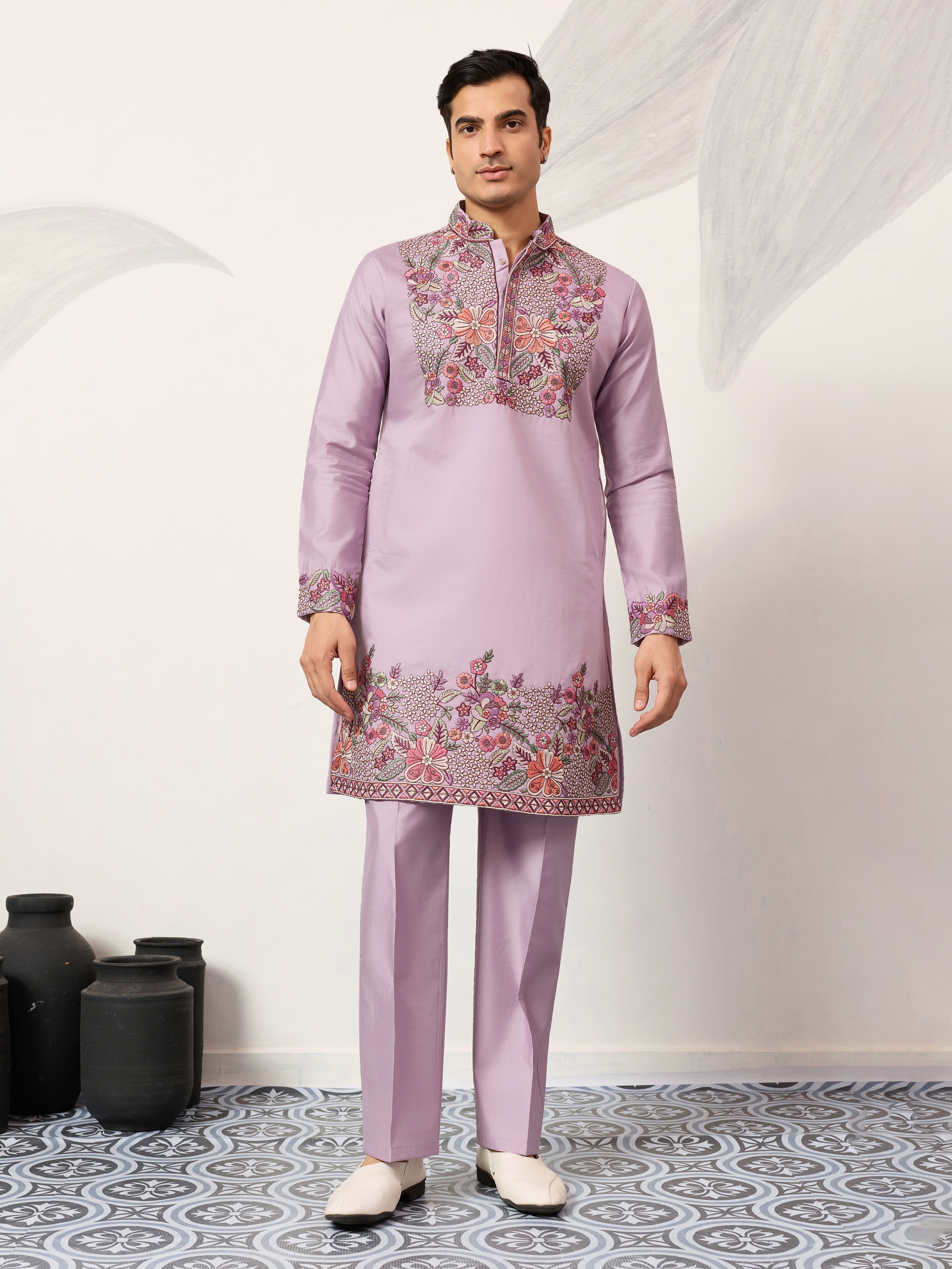 Lavender Kurta Pant Set for Traditional Mens Fashion