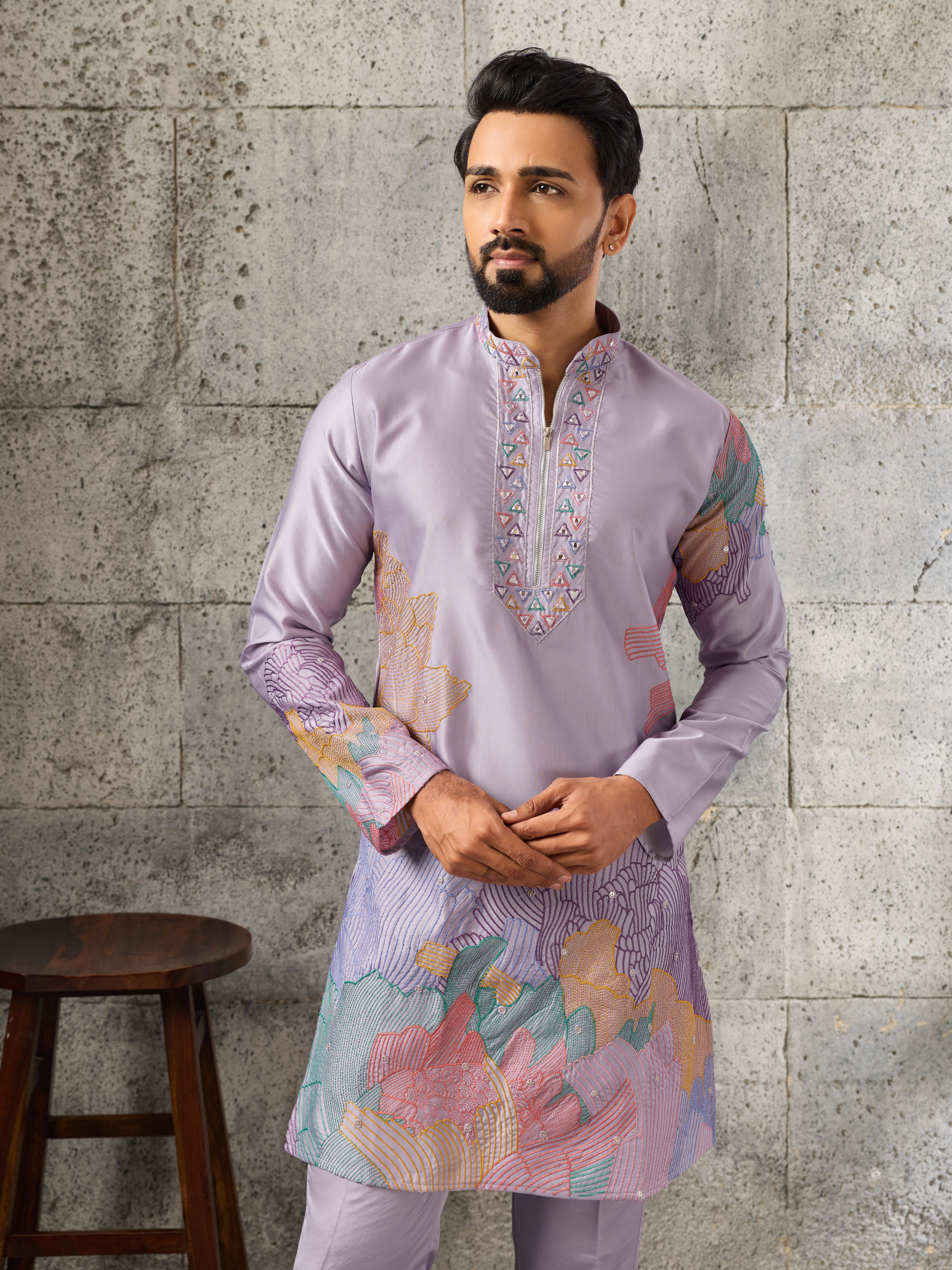 Lavender Soft Silk Designer Kurta Bell Bottom Set
