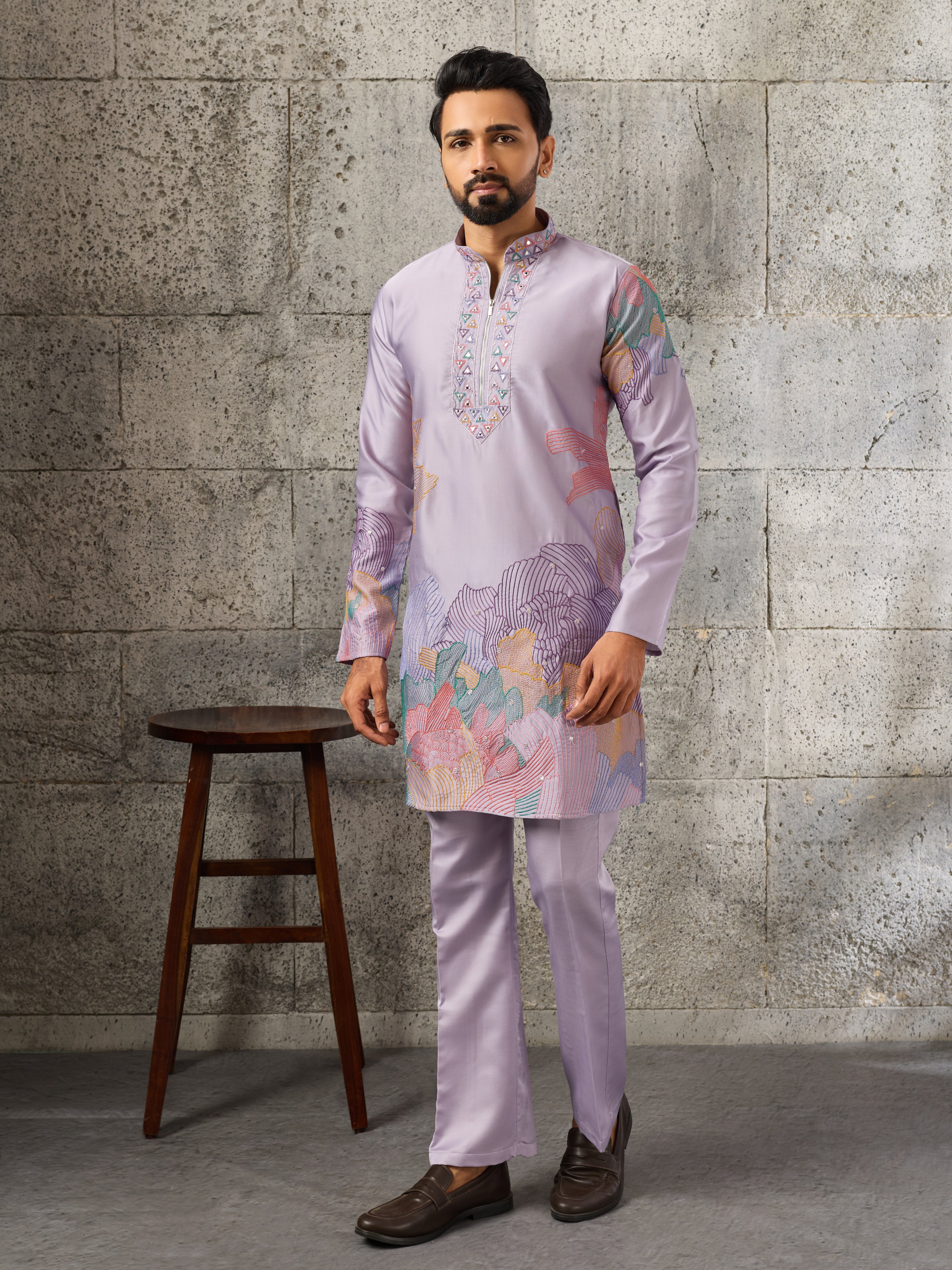 Lavender Soft Silk Designer Kurta Bell Bottom Set

