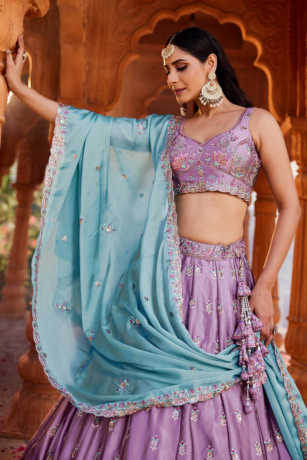 Luxury Lavender Rangoli Silk Zari Dori Sequins Festive Lehenga Choli
