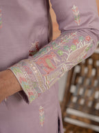 Premium Lavender Soft Silk Embroidered Kurta For Mens