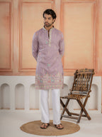 Premium Lavender Soft Silk Embroidered Kurta For Mens