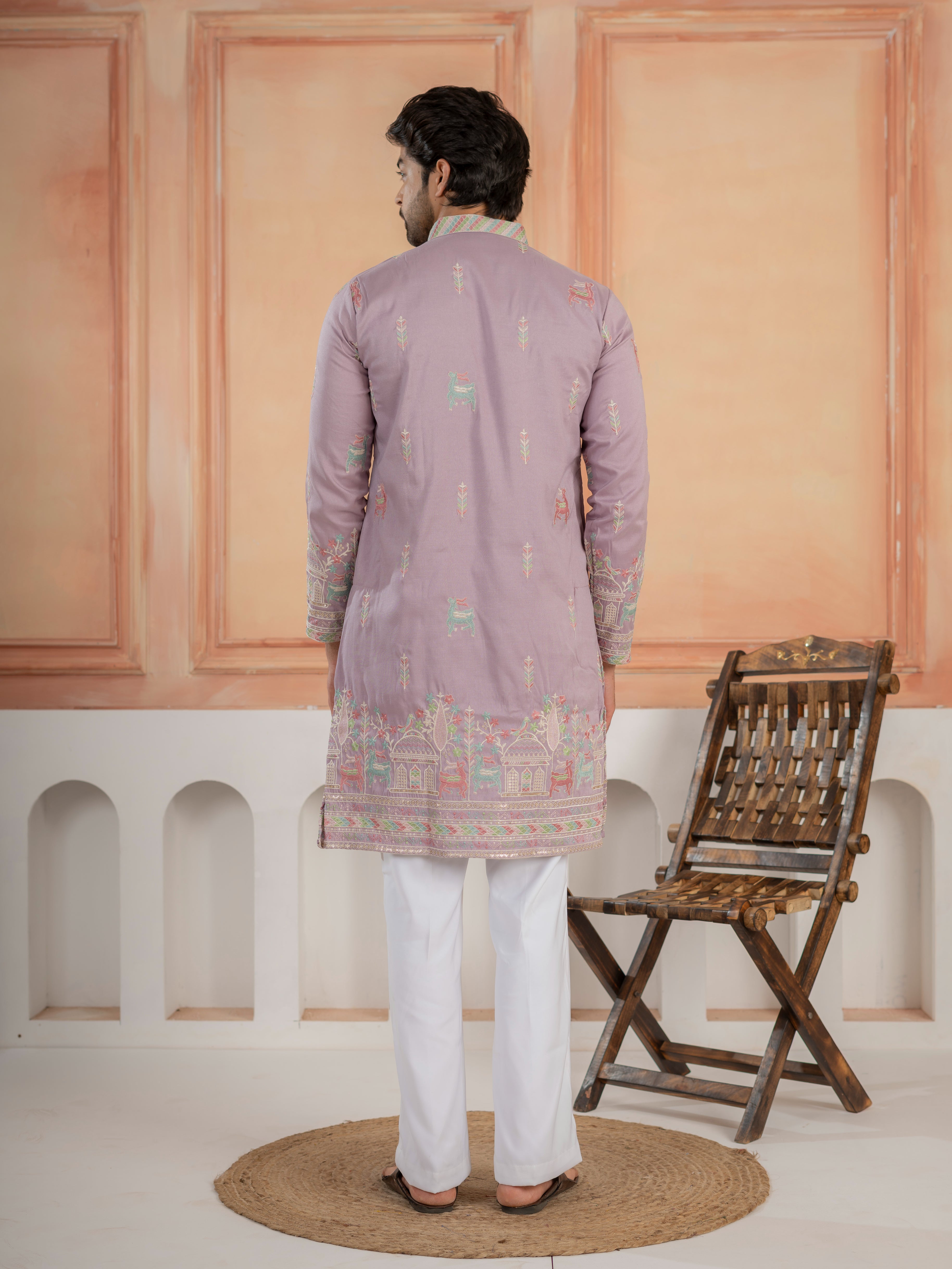 Premium Lavender Soft Silk Embroidered Kurta For Mens