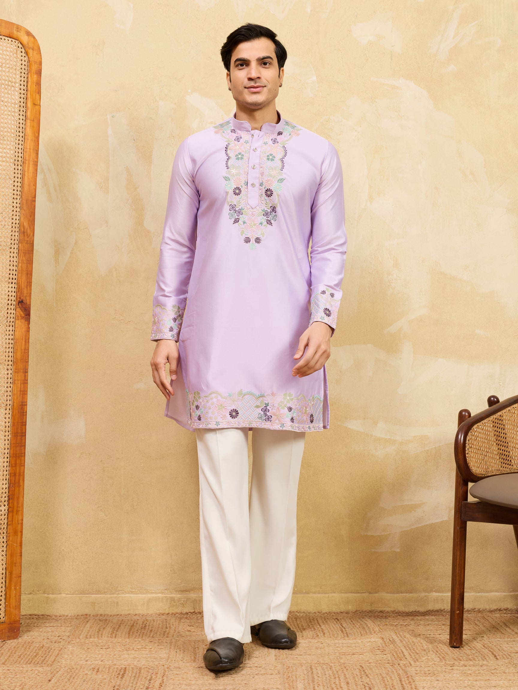 Premium Lavender Viscose Silk Thread Work Kurta Set
