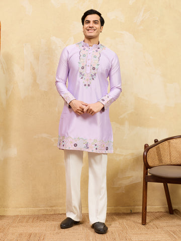 Premium Lavender Viscose Silk Thread Work Kurta & Pant Set

