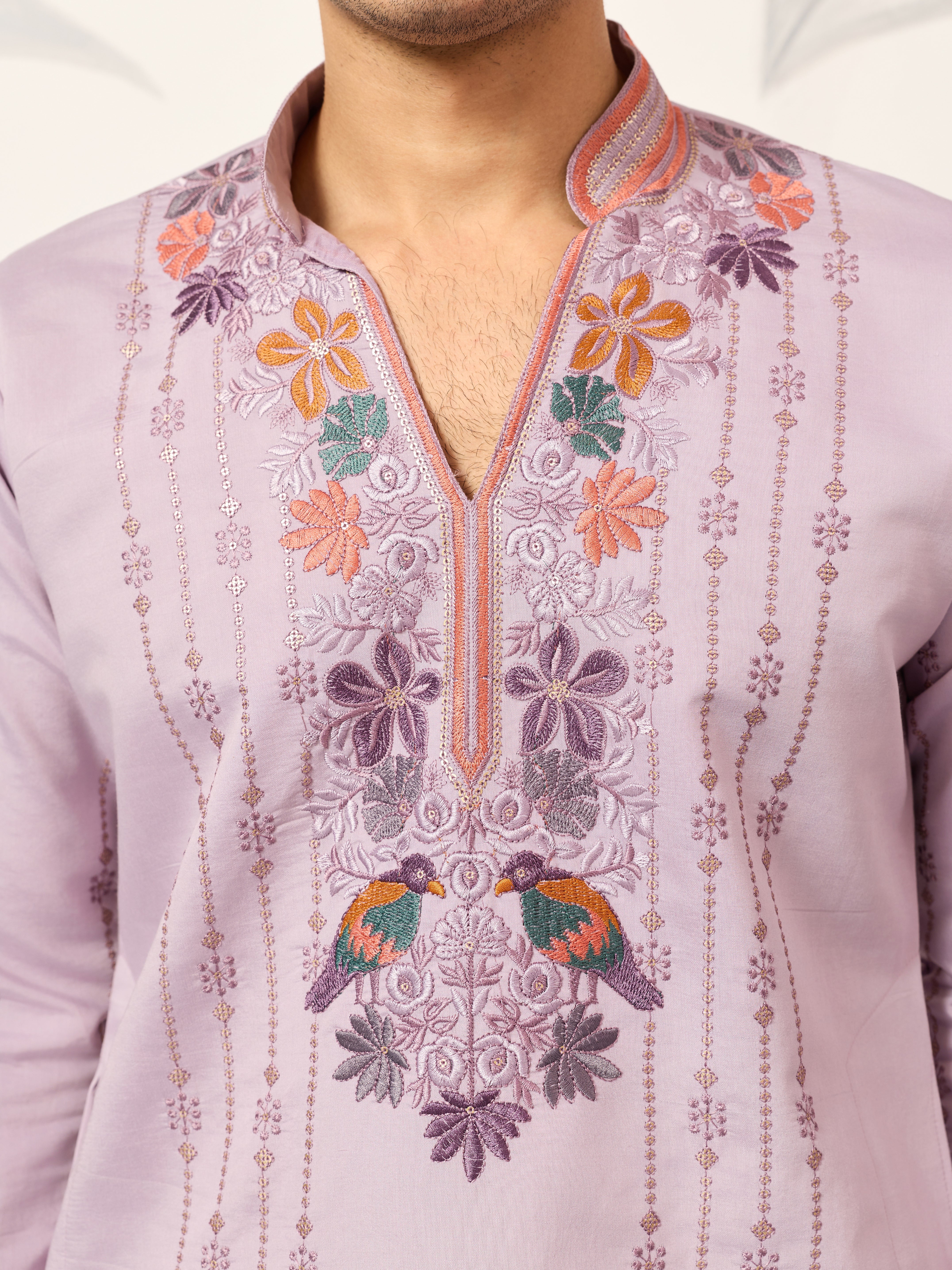 Royal Look Lavender V Neck Kurta Pant for Mens Wear