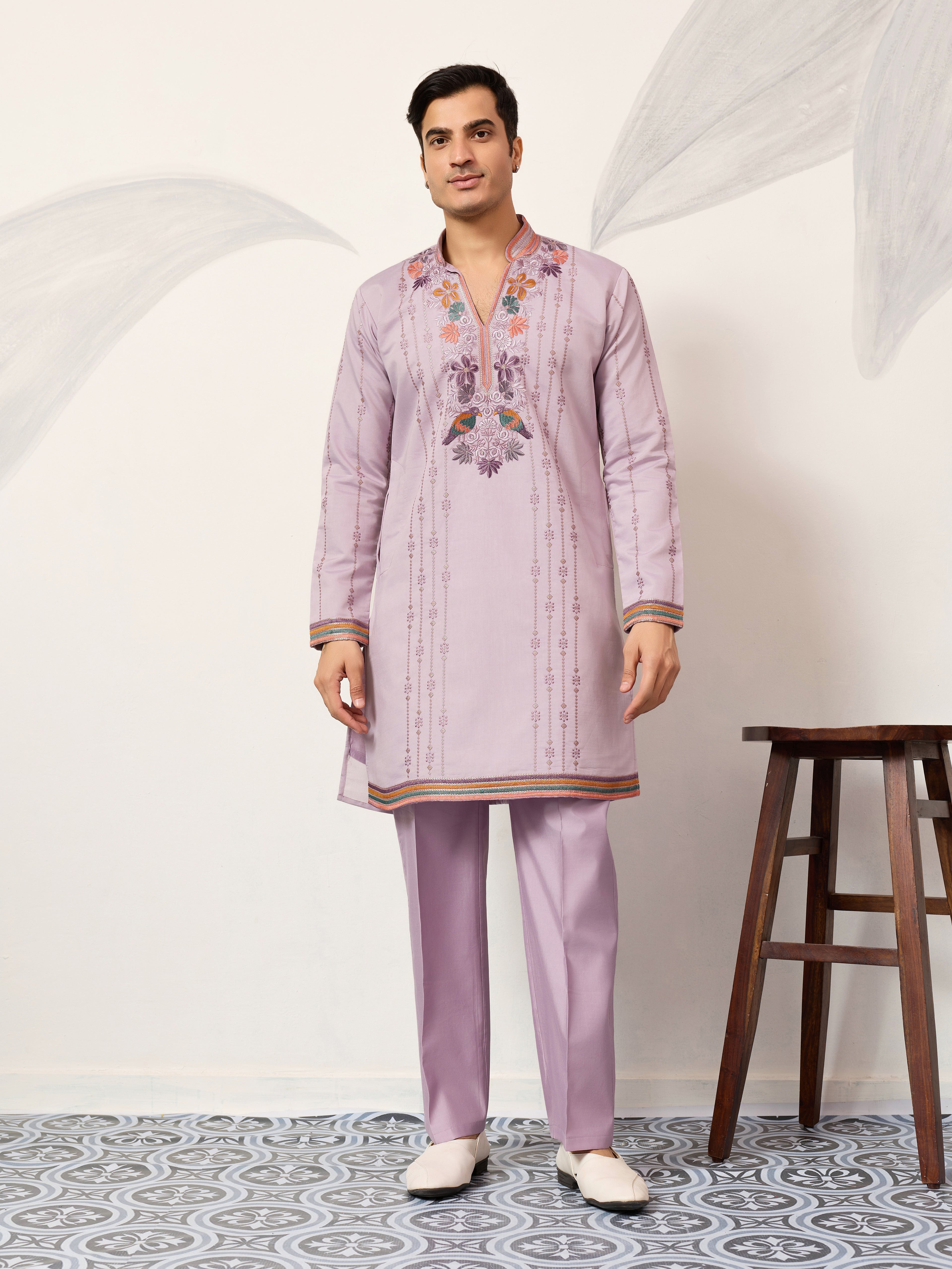 Royal Look Lavender V Neck Kurta Pant for Mens Wear