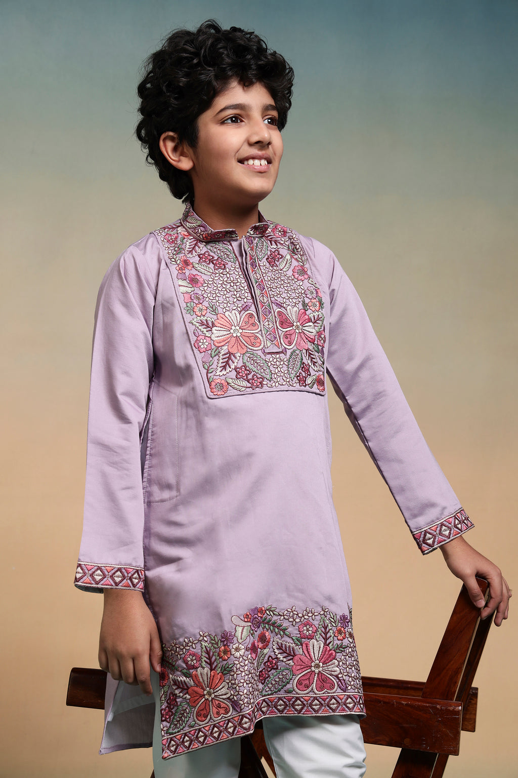 Stylish Lavender Multi Thread Sequence Work Kurta Pant Set For Kids