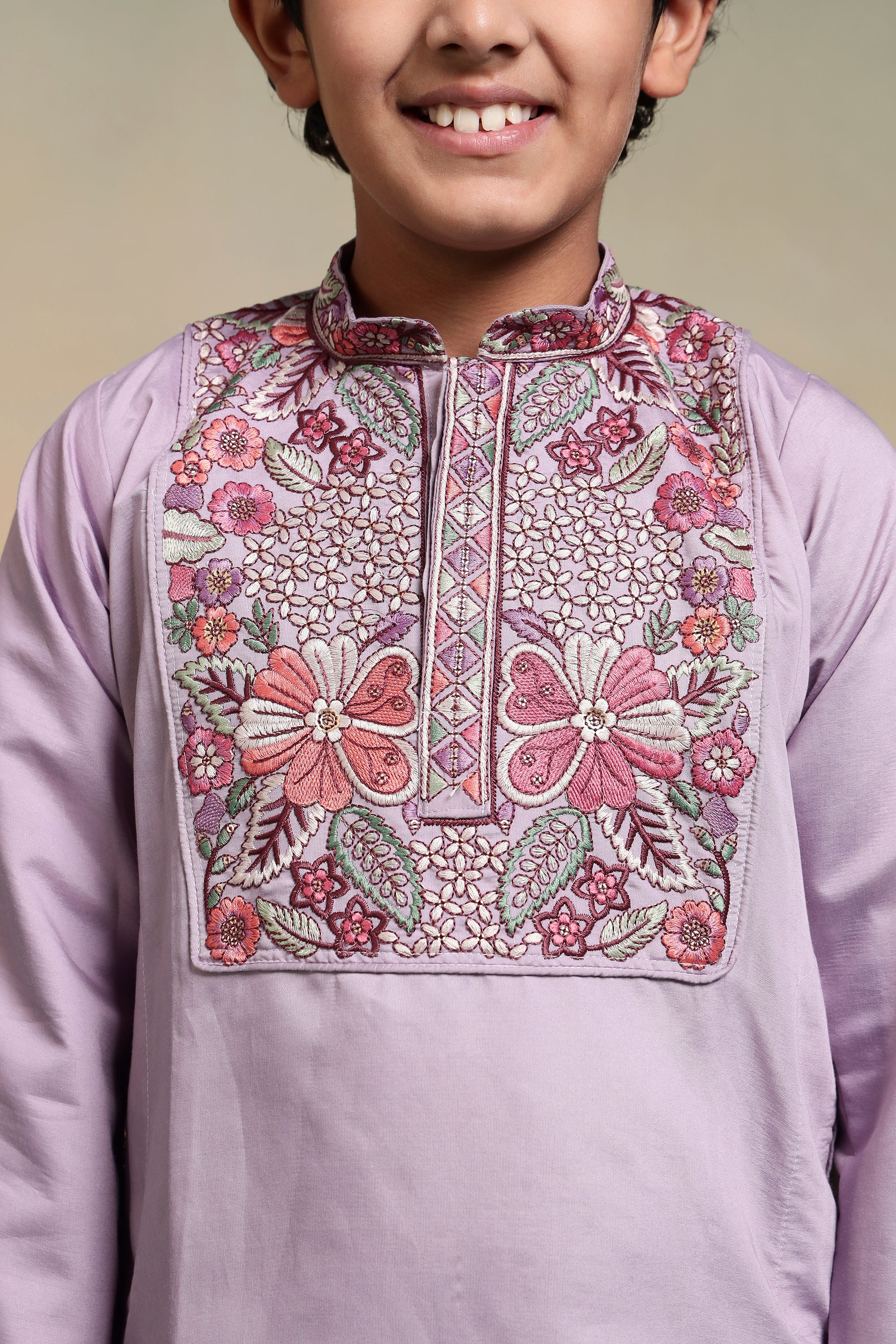 Stylish Lavender Multi Thread Sequence Work Kurta Pant Set For Kids