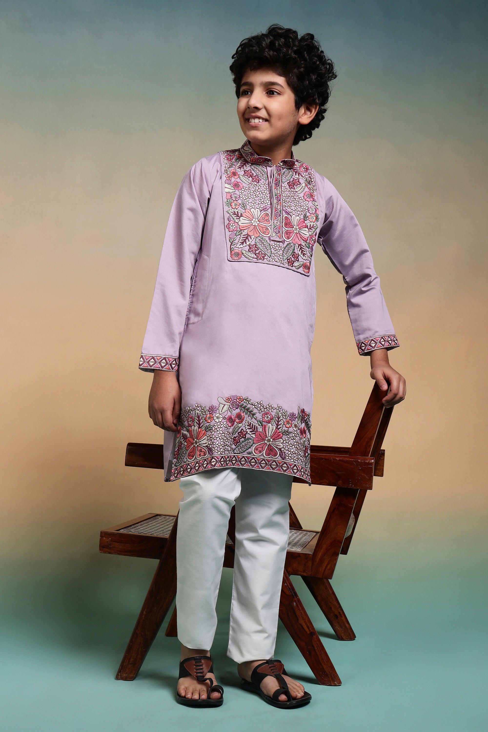 Stylish Lavender Multi Thread Sequence Work Kurta Pant Set For Kids
