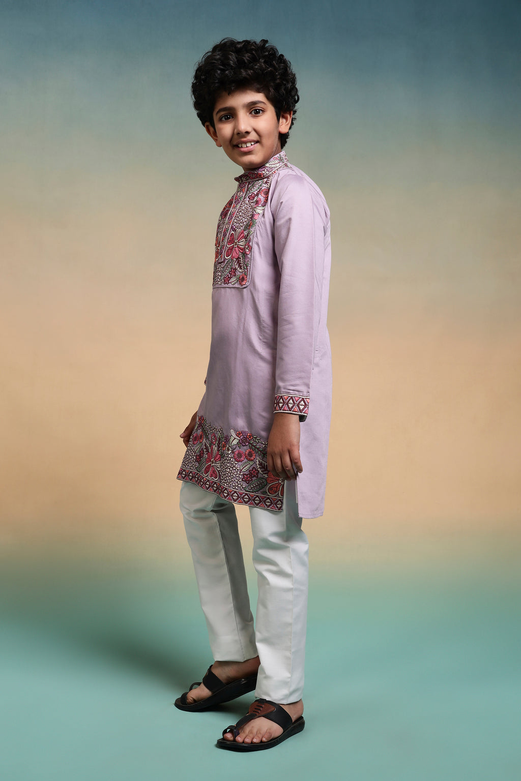 Stylish Lavender Multi Thread Sequence Work Kurta Pant Set For Kids