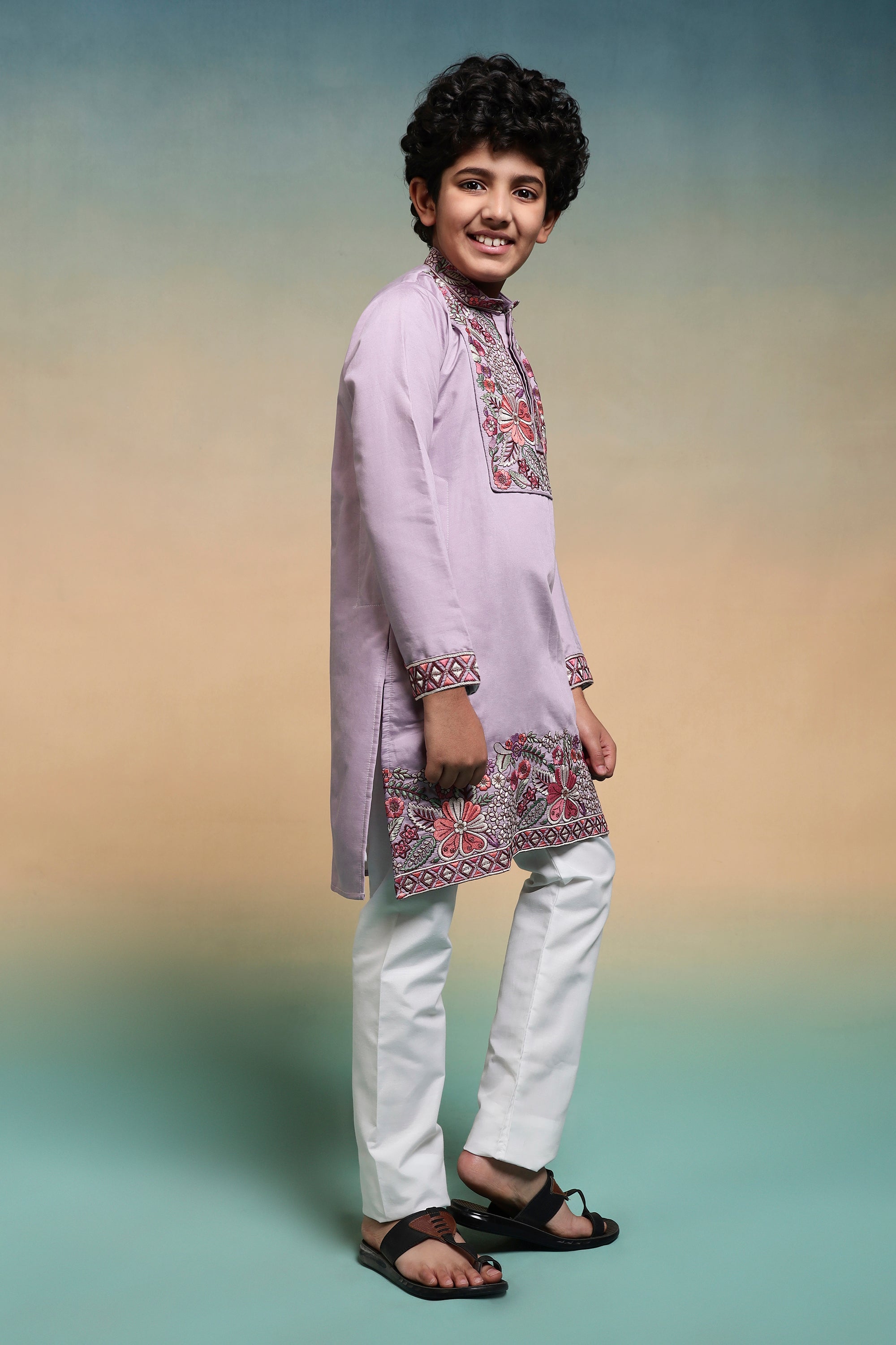 Stylish Lavender Multi Thread Sequence Work Kurta Pant Set For Kids