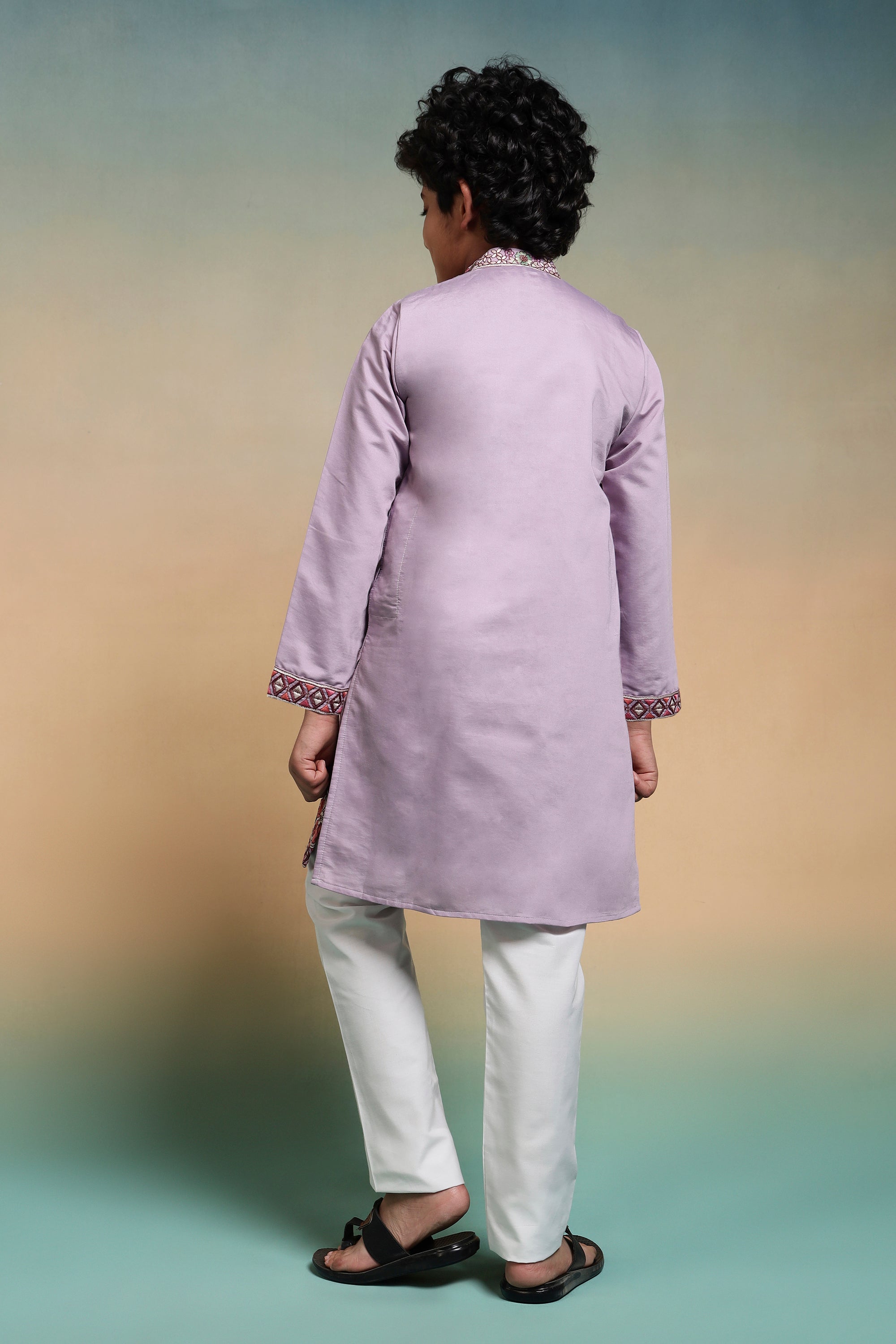 Stylish Lavender Multi Thread Sequence Work Kurta Pant Set For Kids