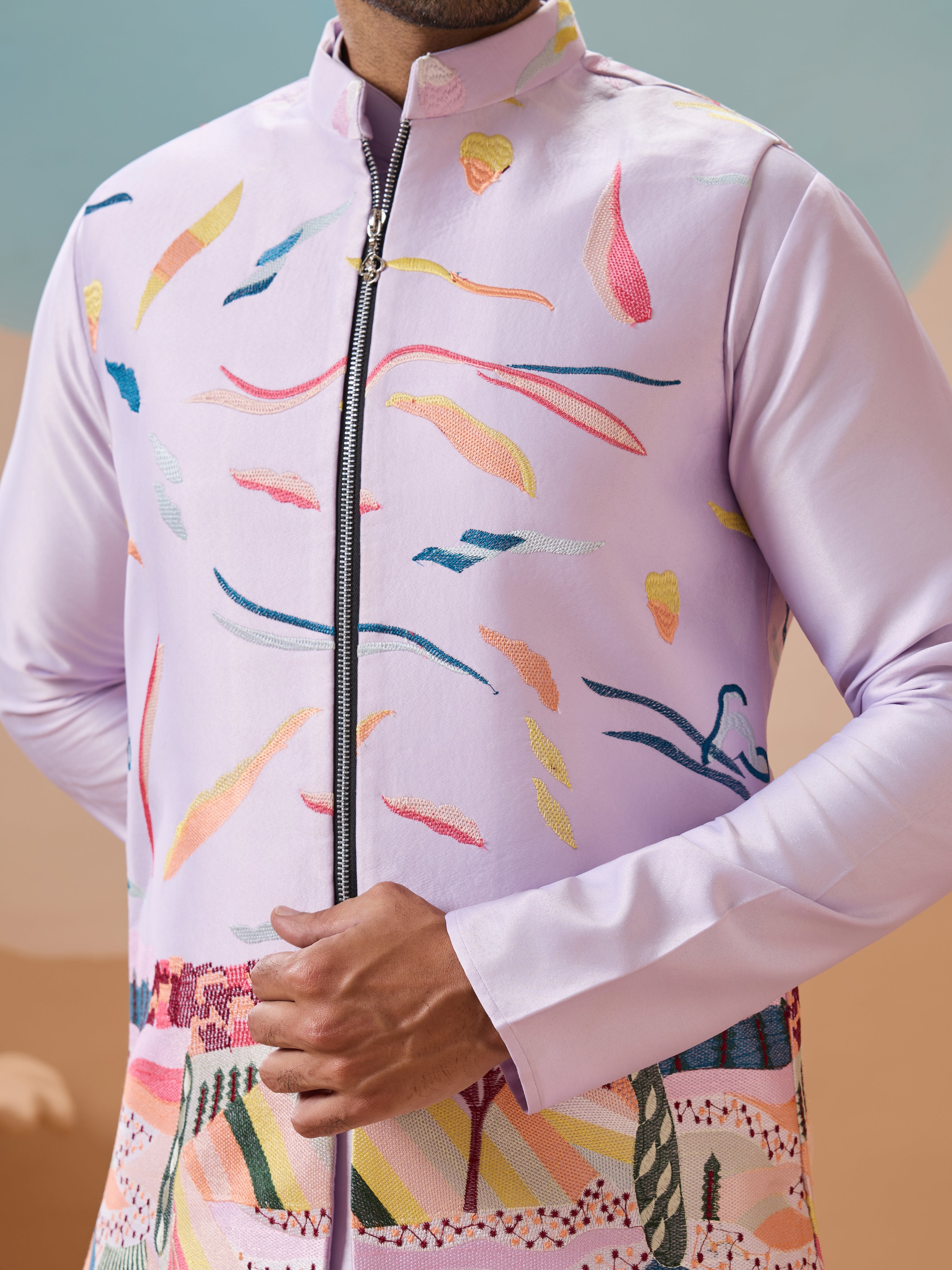 Lavender Wedding Carnival Koti Kurta Set for Mens
