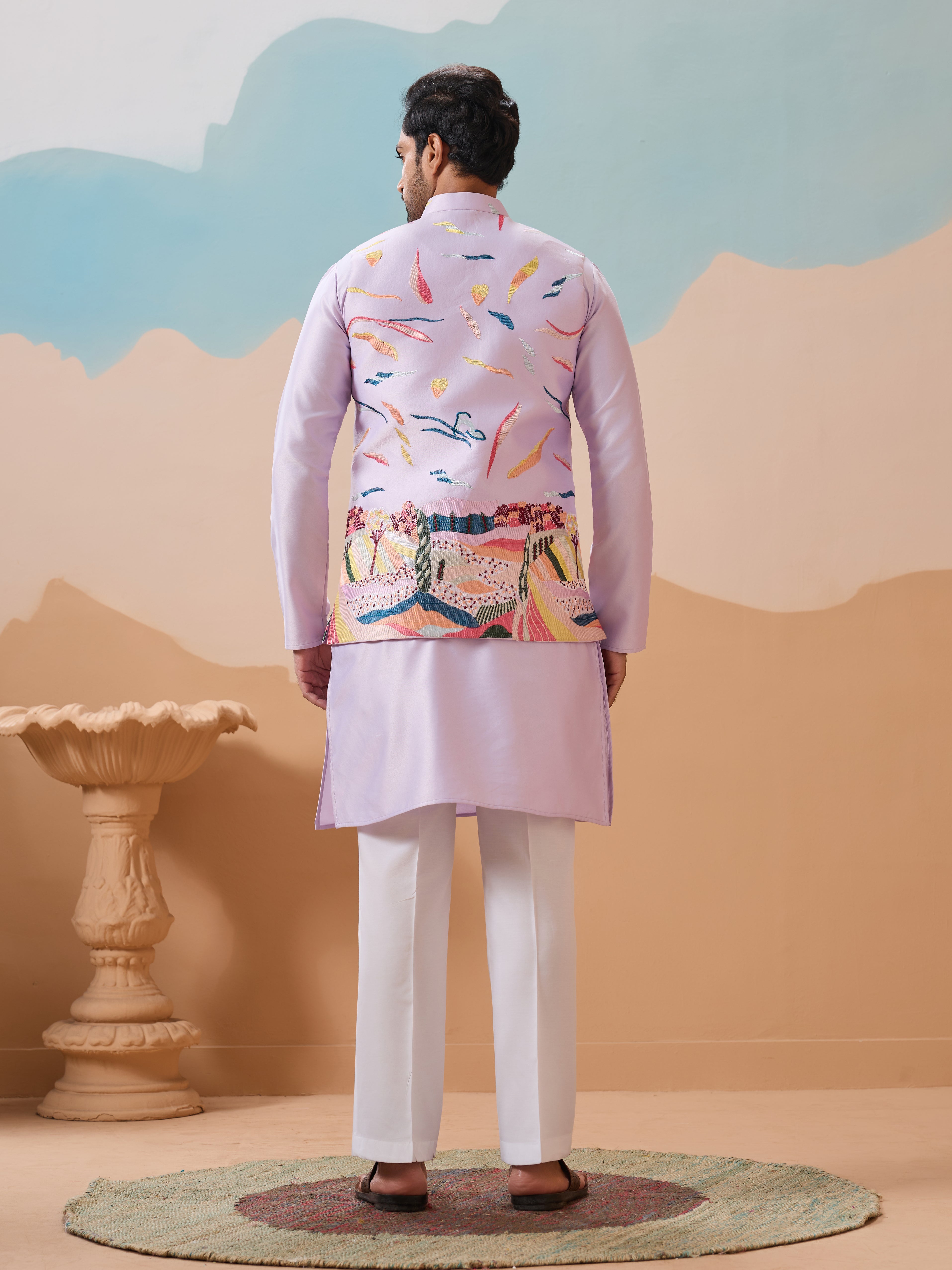 Lavender Wedding Carnival Koti Kurta Set for Mens
