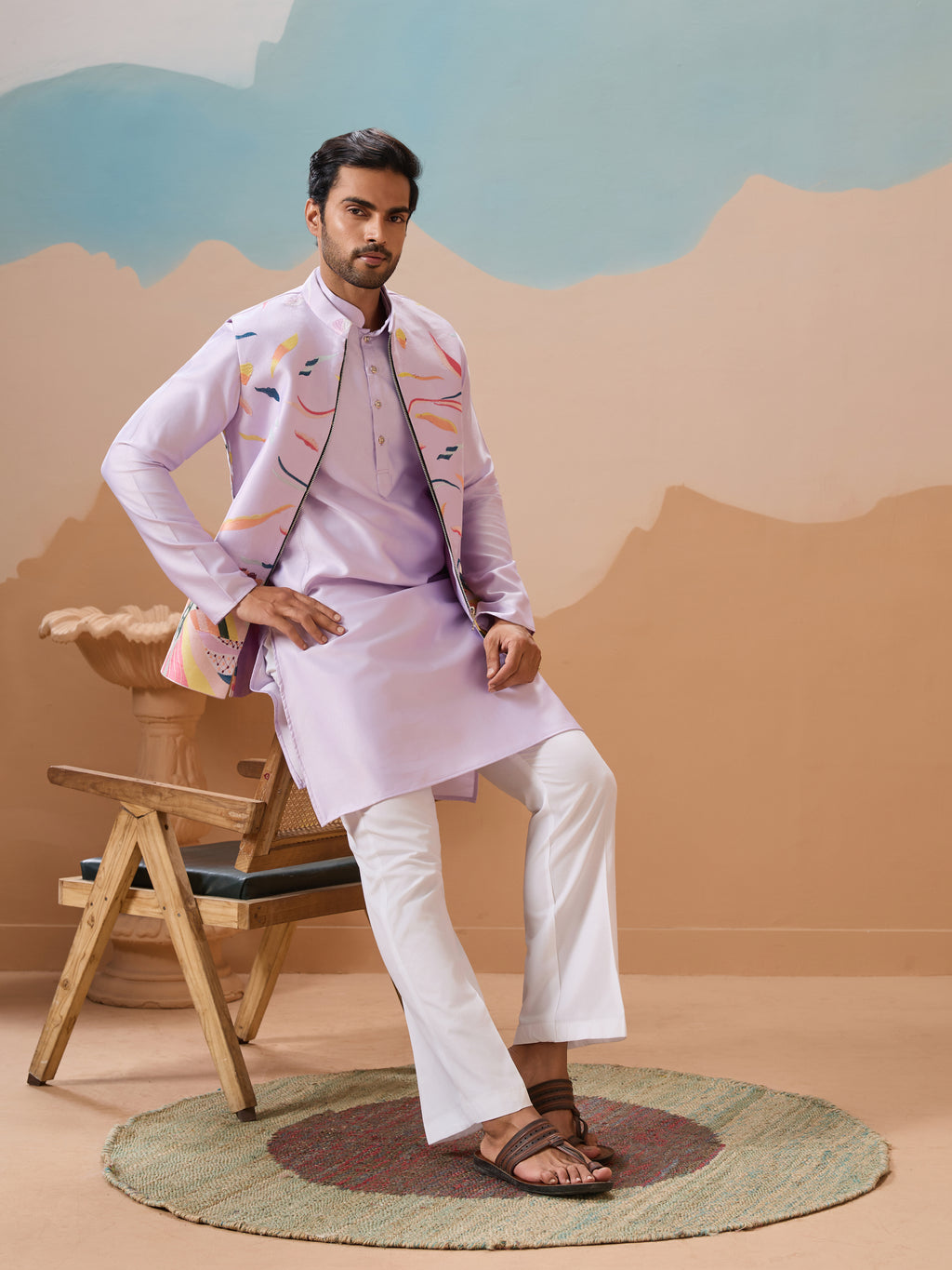 Lavender Wedding Carnival Koti Kurta Set for Mens
