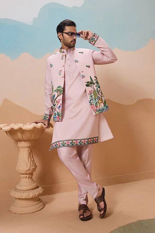 Classy Light Pink Mens Koti Kurta for Wedding Celebrations