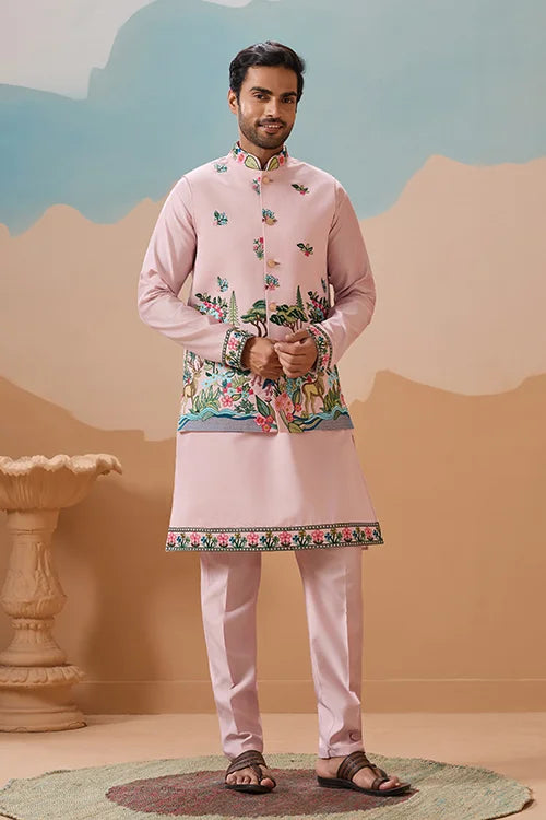 Classy Light Pink Mens Koti Kurta for Wedding Celebrations