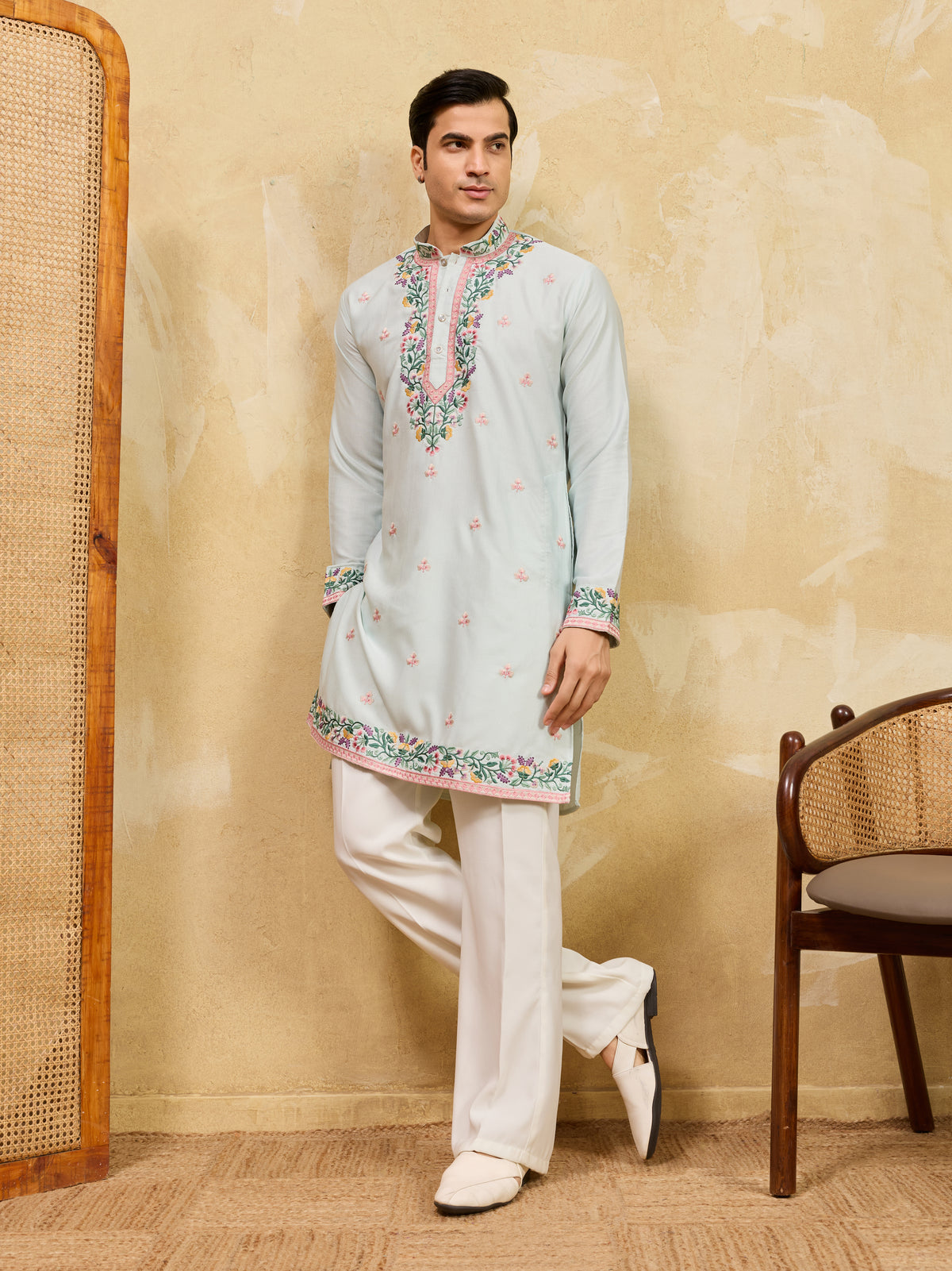 Designer Light Sky Khadi Silk Men’s Kurta With Pant