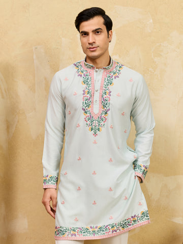 Designer Light Sky Khadi Silk Men’s Kurta With Pant
