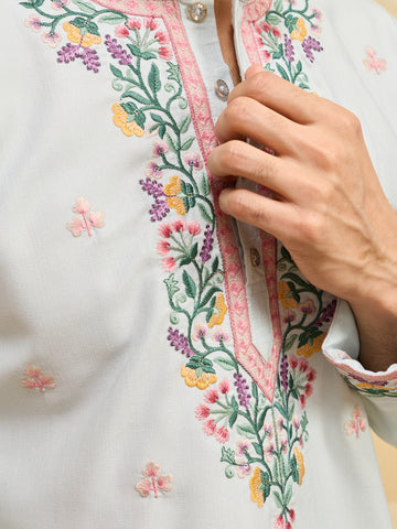 Designer Light Sky Khadi Silk Men’s Kurta With Pant
