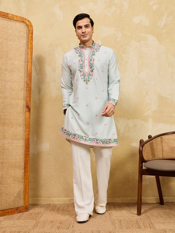 Designer Light Sky Khadi Silk Men’s Kurta With Pant
