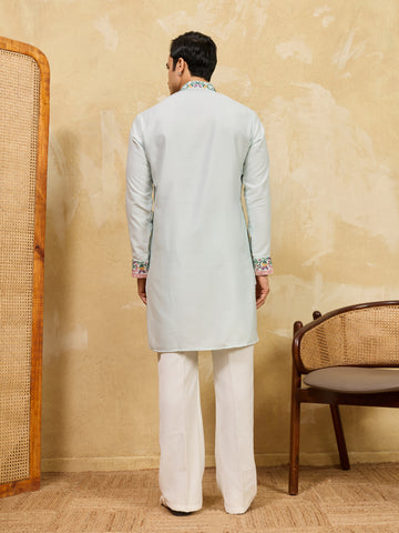 Designer Light Sky Khadi Silk Men’s Kurta With Pant
