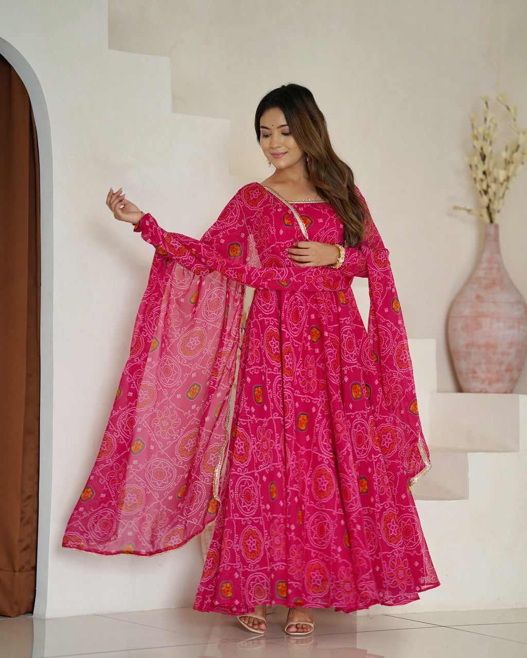 
Pure Soft Light Weight Bandhej Fully Flaired Gown, Dupatta and Pent Set Ready to Wear Fully Stitched-Rani
