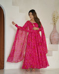 
Pure Soft Light Weight Bandhej Fully Flaired Gown, Dupatta and Pent Set Ready to Wear Fully Stitched-Rani