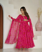 
Pure Soft Light Weight Bandhej Fully Flaired Gown, Dupatta and Pent Set Ready to Wear Fully Stitched-Rani