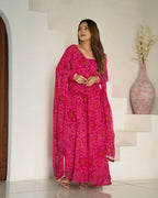 Pure Soft Light Weight Bandhej Fully Flaired Gown, Dupatta and Pent Set Ready to Wear Fully Stitched-Rani