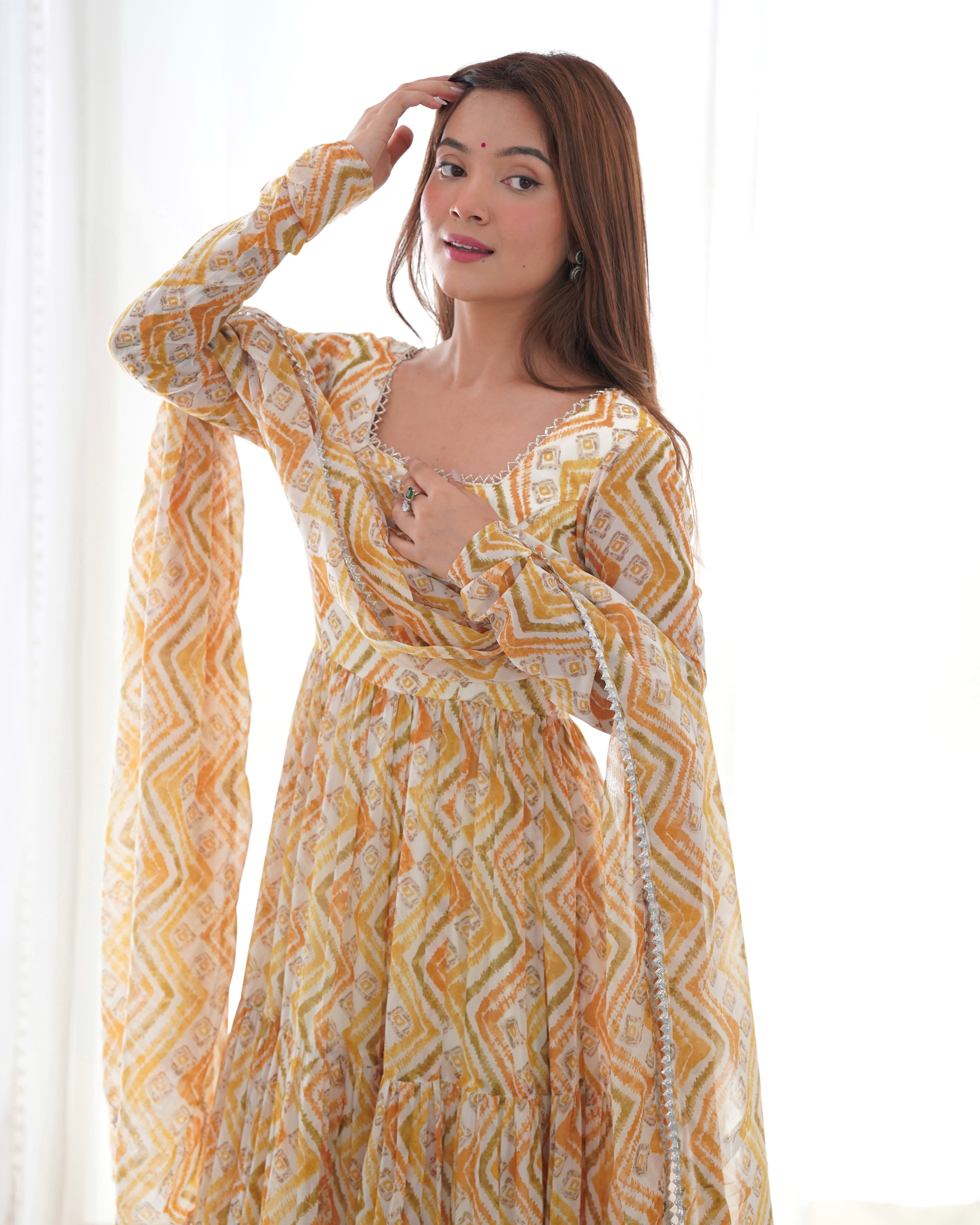 Light Yellow Pure Faux Georgette Zigzag Print Fabric With Huge Flair Comes With Duppatta & Pant
