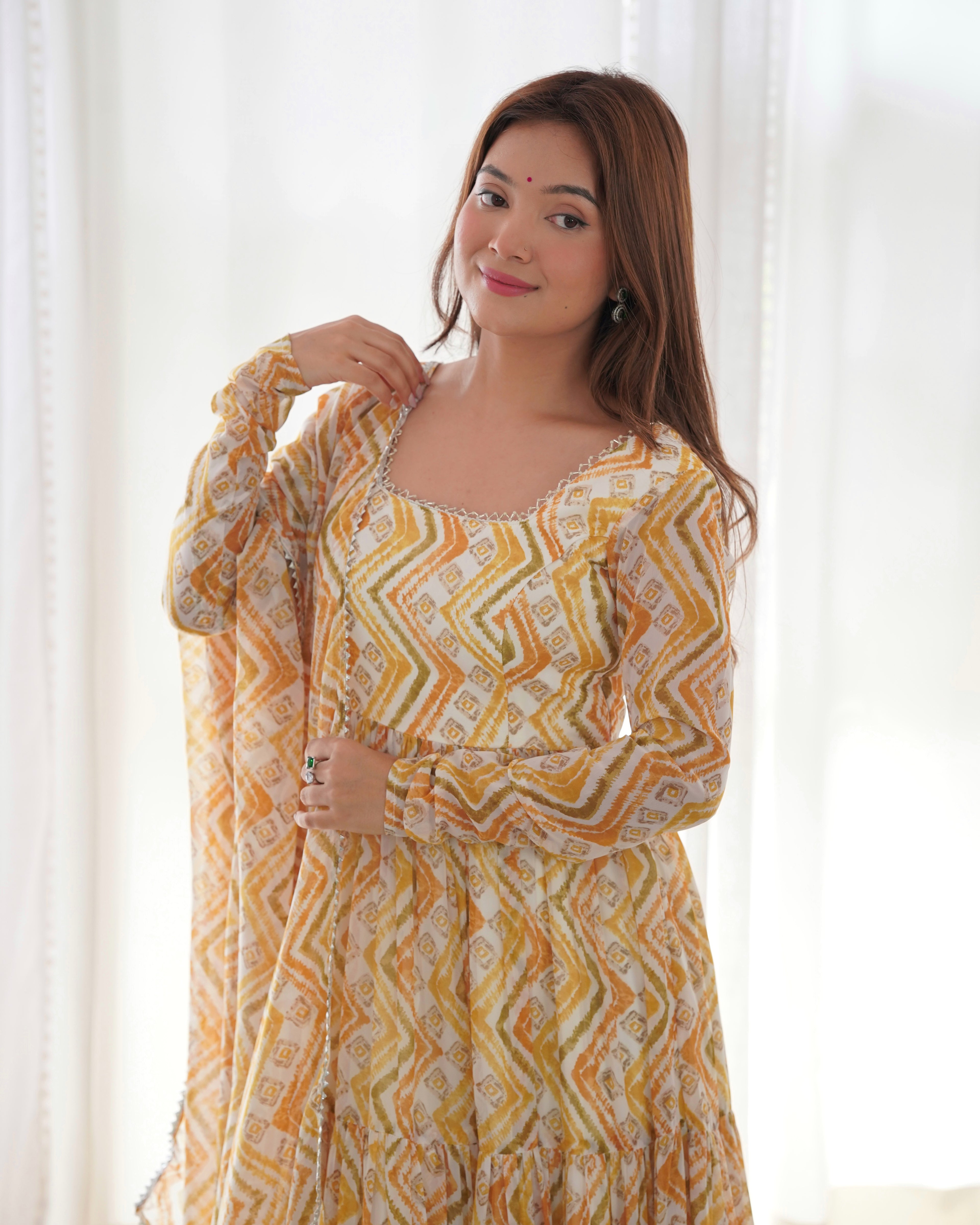 Light Yellow Pure Faux Georgette Zigzag Print Fabric With Huge Flair Comes With Duppatta & Pant
