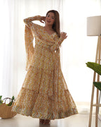 Light Yellow Pure Faux Georgette Zigzag Print Fabric With Huge Flair Comes With Duppatta & Pant
