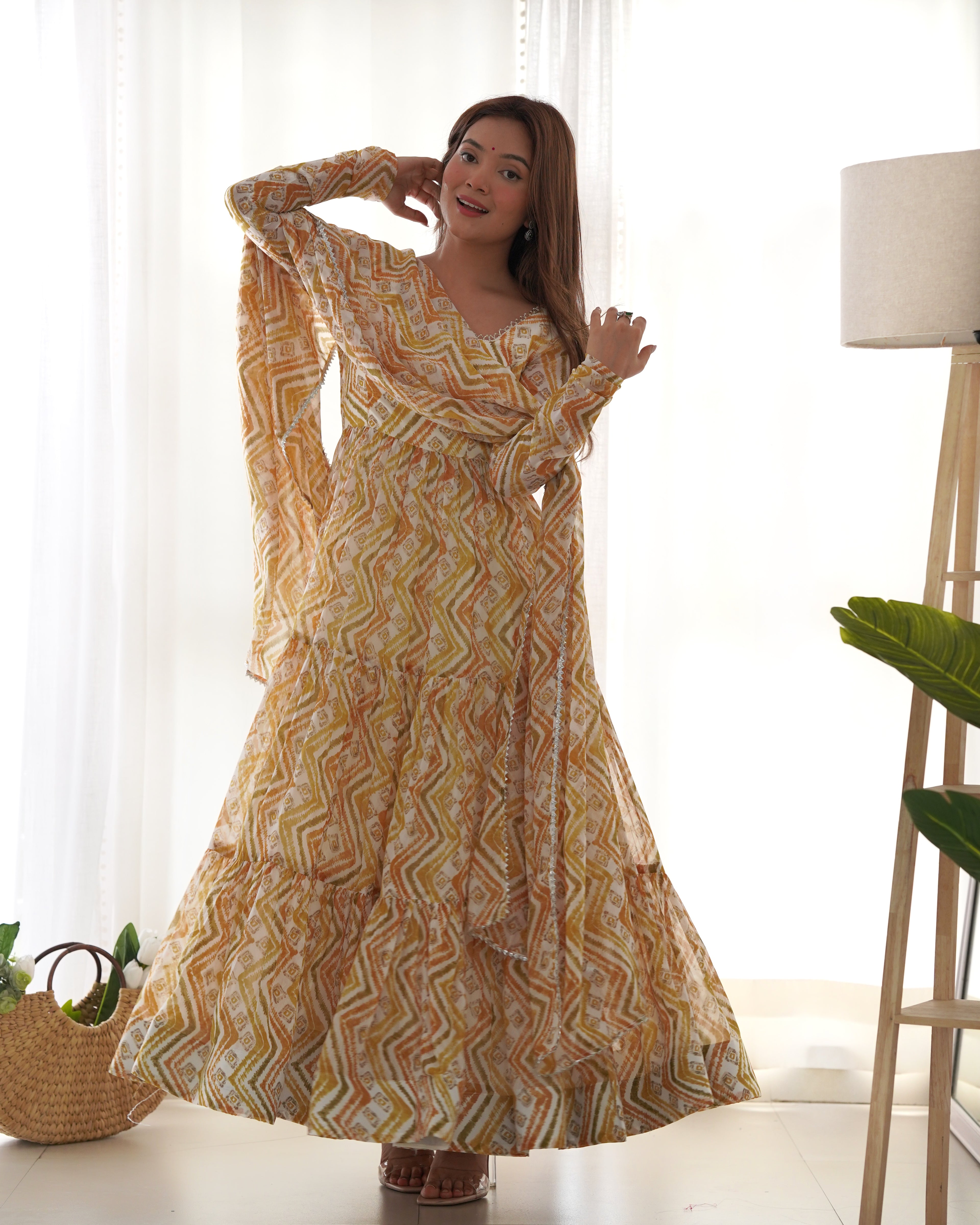 Light Yellow Pure Faux Georgette Zigzag Print Fabric With Huge Flair Comes With Duppatta & Pant
