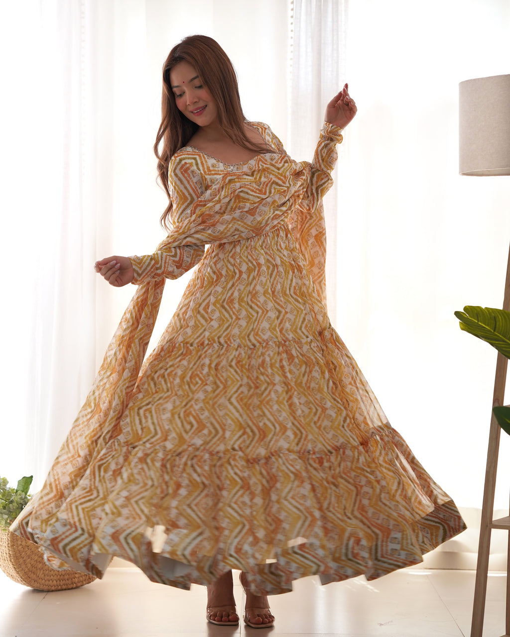 Light Yellow Pure Faux Georgette Zigzag Print Fabric With Huge Flair Comes With Duppatta & Pant
