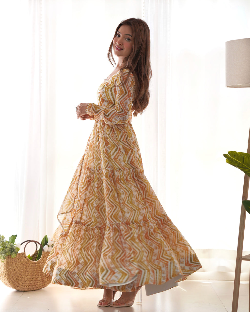 Light Yellow Pure Faux Georgette Zigzag Print Fabric With Huge Flair Comes With Duppatta & Pant
