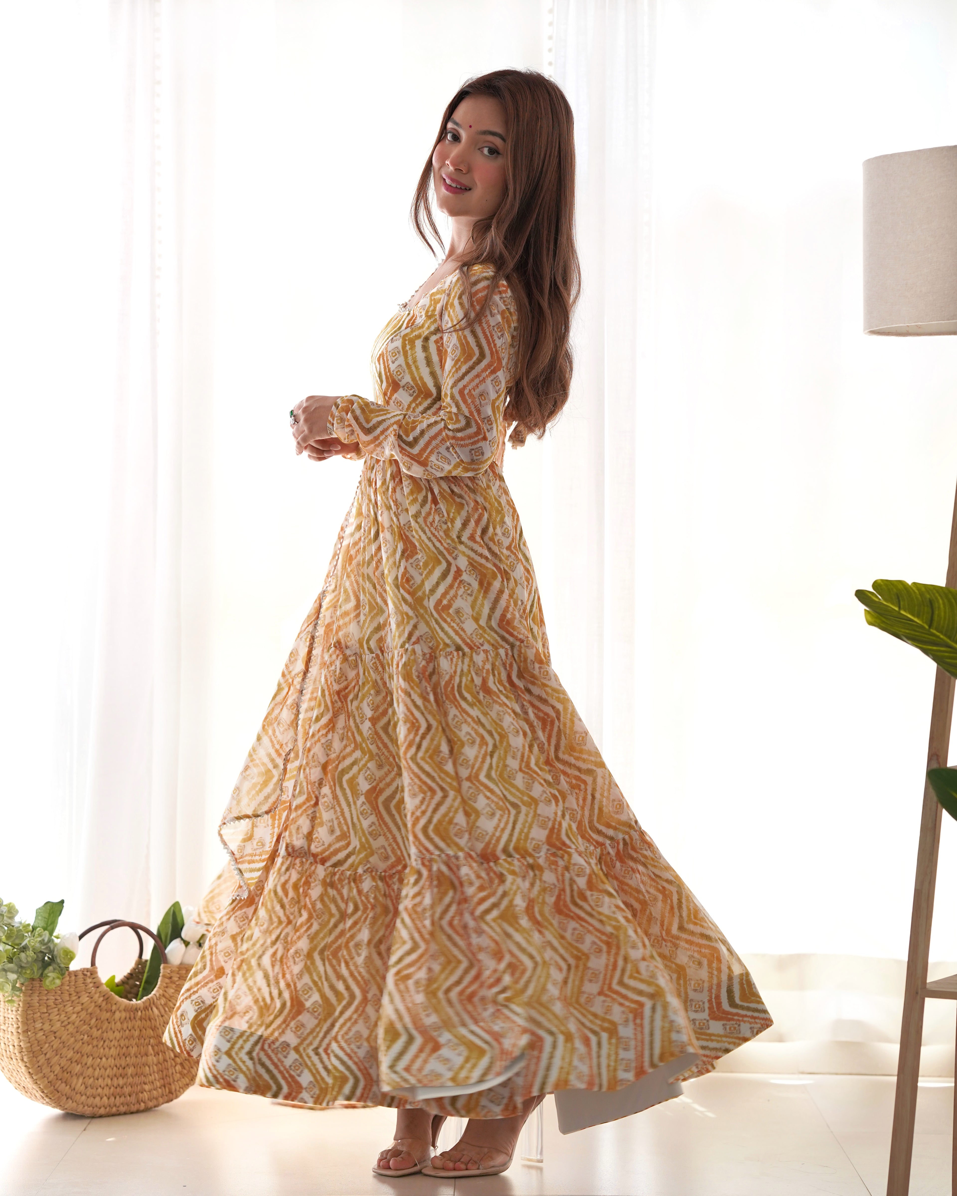 Light Yellow Pure Faux Georgette Zigzag Print Fabric With Huge Flair Comes With Duppatta & Pant
