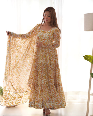 Light Yellow Pure Faux Georgette Zigzag Print Fabric With Huge Flair Comes With Duppatta & Pant

