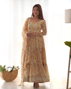 Light Yellow Pure Faux Georgette Zigzag Print Fabric With Huge Flair Comes With Duppatta & Pant
