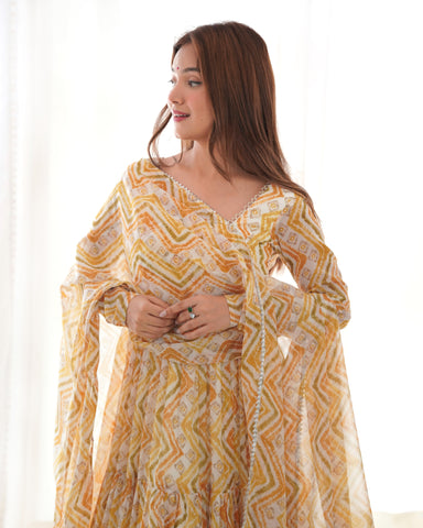 Light Yellow Pure Faux Georgette Zigzag Print Fabric With Huge Flair Comes With Duppatta & Pant
