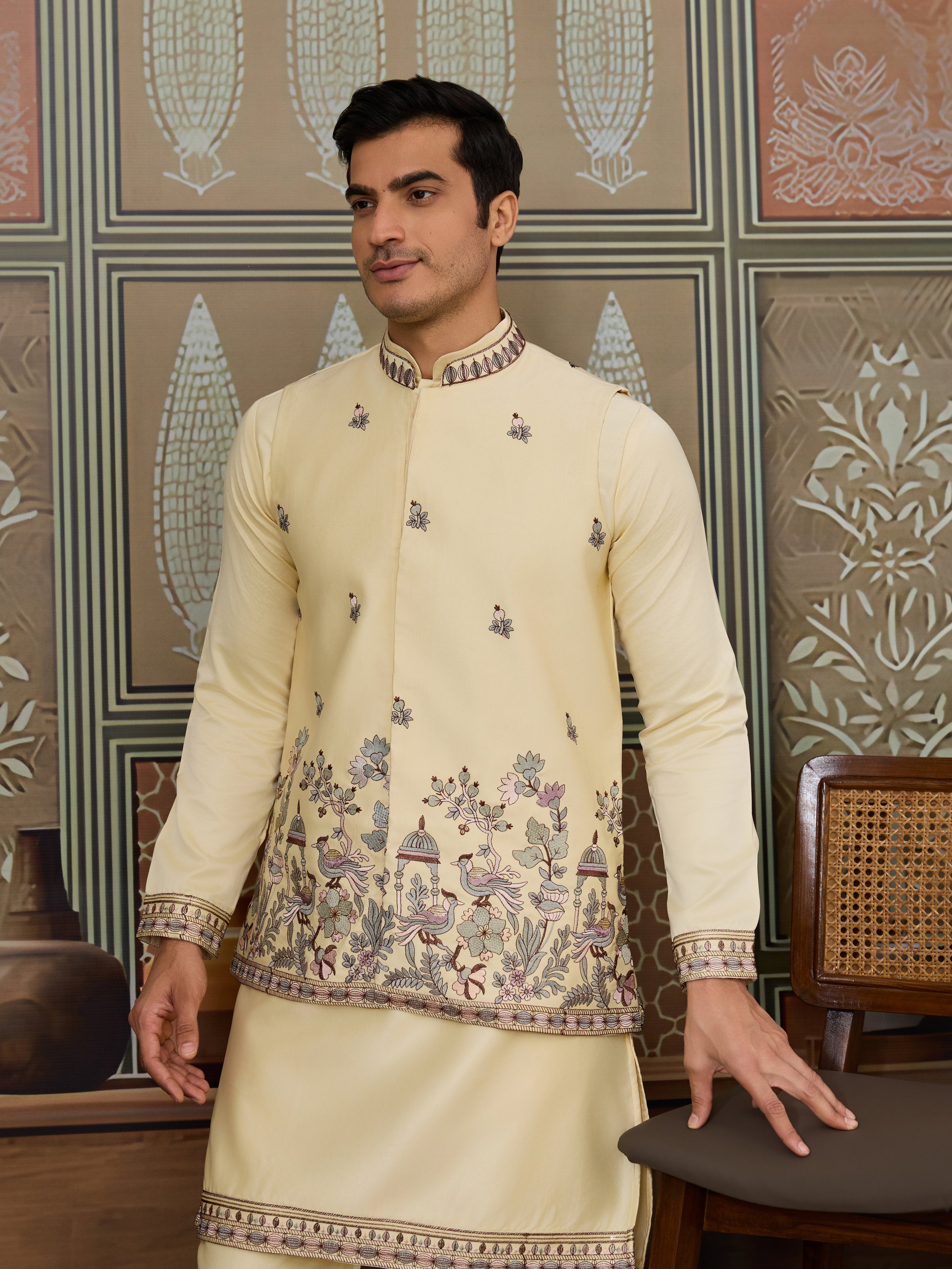 Haldi Special Light Yellow Koti Kurta Set for Mens Wear