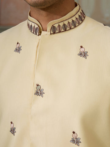 Haldi Special Light Yellow Koti Kurta Set for Mens Wear