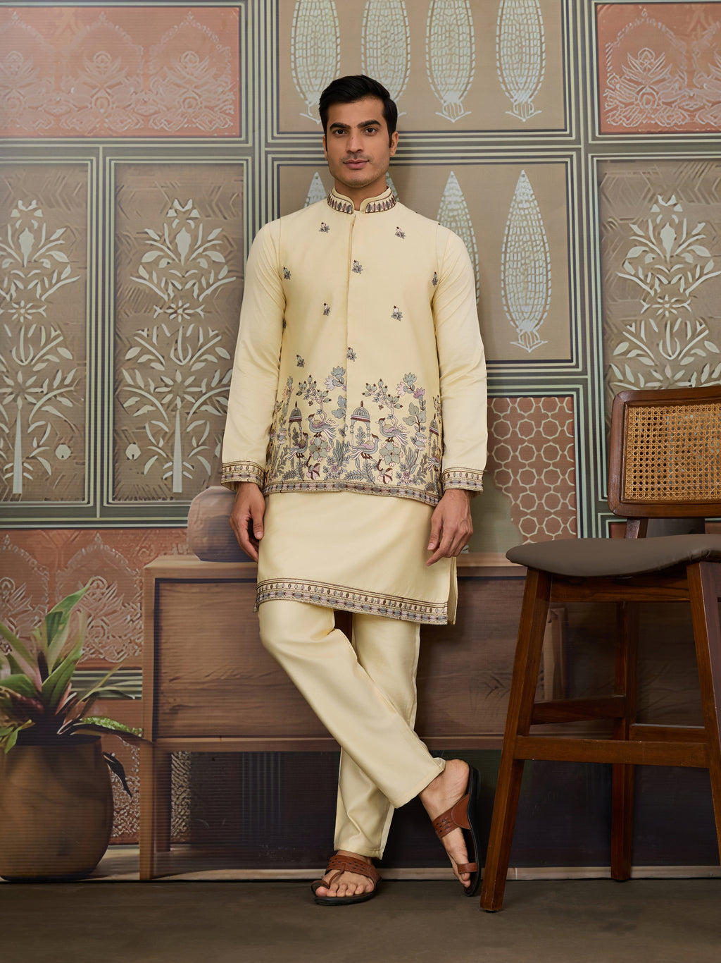 Haldi Special Light Yellow Koti Kurta Set for Mens Wear
