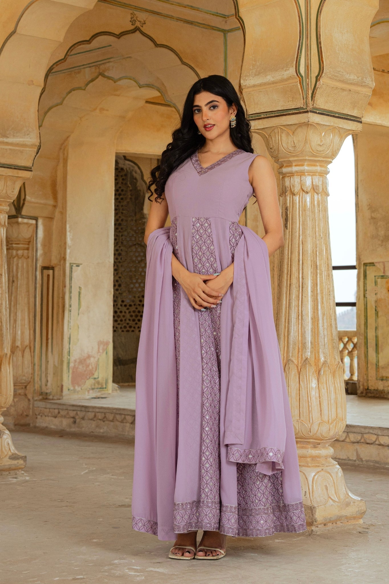 Ethereal Lilac Georgette Anarkali With Intricate Geometric Embroidery